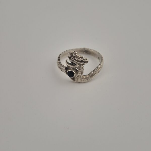 Vintage Ring van 925 Sterling Zilver met Zwarte Onyx en Chinese Draak