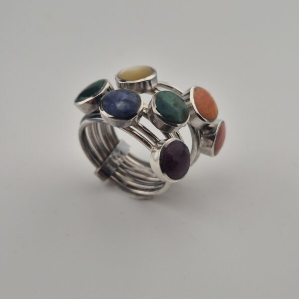 Vintage Stapelring van 925 Sterling Zilver met Zeven Natuurstenen