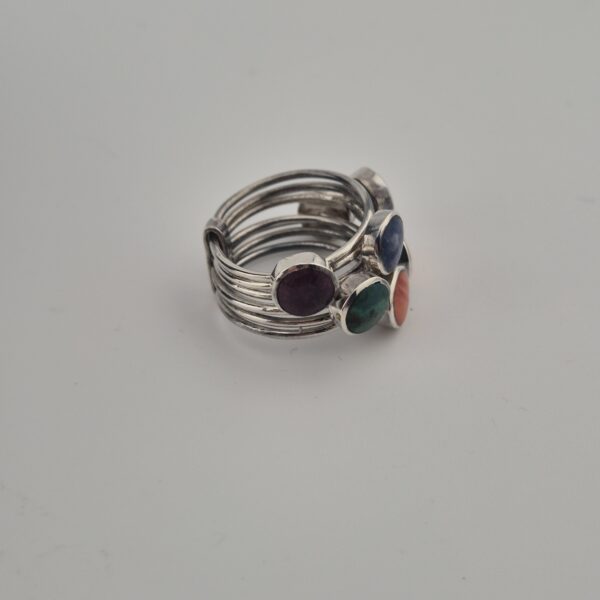 Vintage Stapelring van 925 Sterling Zilver met Zeven Natuurstenen