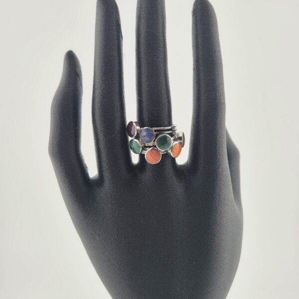 Vintage Stapelring van 925 Sterling Zilver met Zeven Natuurstenen