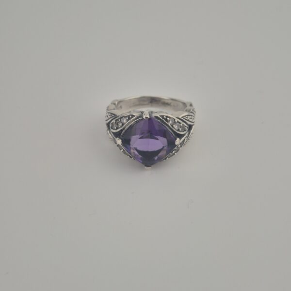 Vintage 925 Sterling Zilveren Ring met Amethist Trillion Cut en Zirkonia